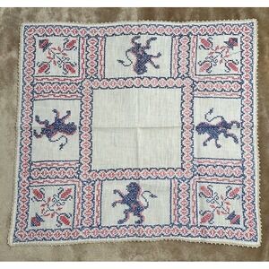 Vintage Handmade Cross Stitch Table Cloth Cover Square Linen Royalty 26x24